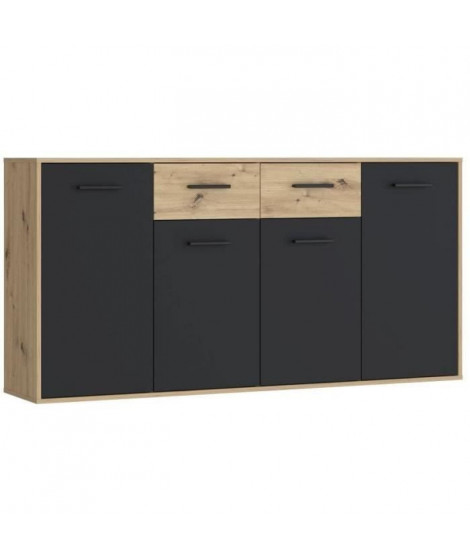 Buffet PILVI - Style contemporain - Particules mélaminé - Décor Chene et noir - 4 portes + 2 tiroirs - L 162,3 x P 34,2 x H 8…