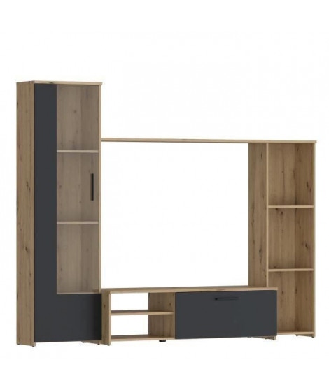 Meuble TV paroi PILVI - Particules mélaminé -Décor Chene et noir - porte vitrée + 1 abattant + 5 niches - L220 x P41 x H177,5 cm