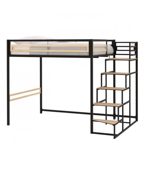 Lit mezzanine - 140x190 cm - Métal - Noir - Sommier inclus - LEON