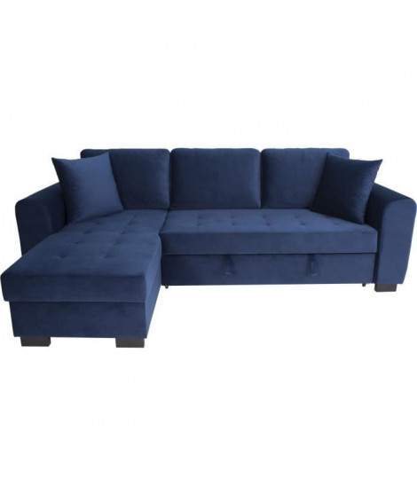 Canapé d'angle convertible HAMILTON 4 places - Tissu velours bleu - L 245 x P 140 x H 86 - Coffre de rangement