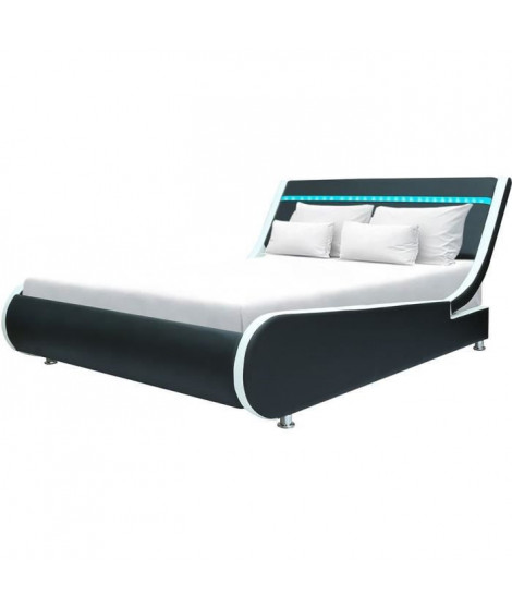 Lit adulte contemporain SATURN - 140 x 190 cm - Simili Noir/Blanc  - Systeme d'éclairage LED - Sommier inclus