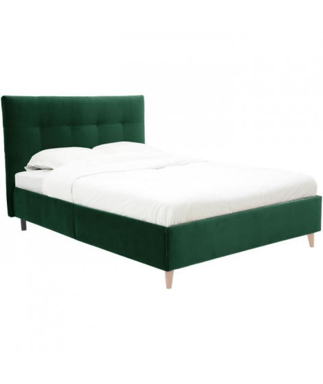 Lit adulte LONY - Couchage 140x190 cm - Tissu velours mat Vert - Structure bois - Sans sommier - L152 x H112 x P199 cm