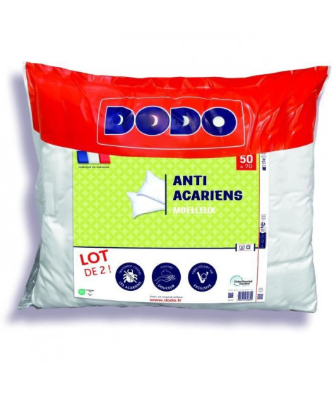 Lot de 2 oreillers anti-acariens 50x70 cm - 100% Polyester - DODO