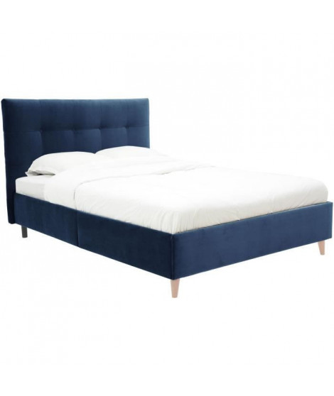 Lit adulte LONY - Couchage 140x190 cm - Tissu velours mat Navy - Structure bois - Sans sommier - L152 x H112 x P199 cm