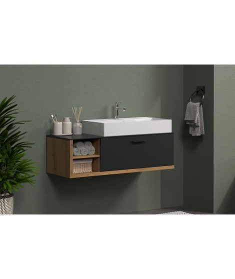 SYNNAX Meuble avec vasque - 1 Abattant + 2 Niches - L120 x H48 x P45 cm - Mélaminé gris et chene - TRENDTEAM