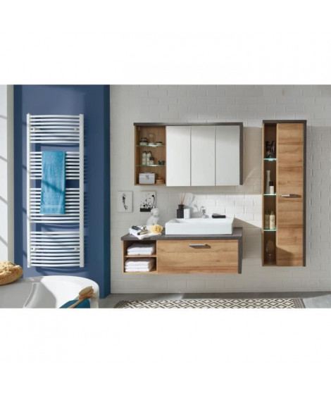 BAY Salle de bain complete : Armoire+colonne+meuble avec vasque+miroirs - Mélaminé chene et béton - L186 x P53 x H198 cm - TR…
