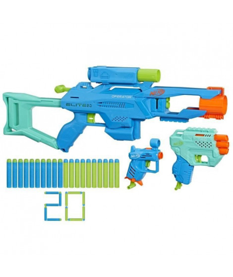 Nerf Elite 2.0, Pack tactique de 3 blasters incluant Operator DB-2, Trio TD-3, Ace SD-1 et 20 fléchettes Nerf Elite