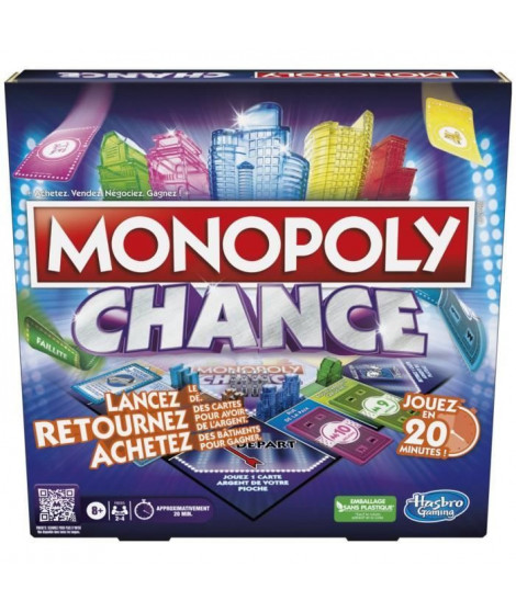 Monopoly Chance, jeu de plateau Monopoly rapide pour la famille, pour 2 a 4 joueurs, environ 20 min.