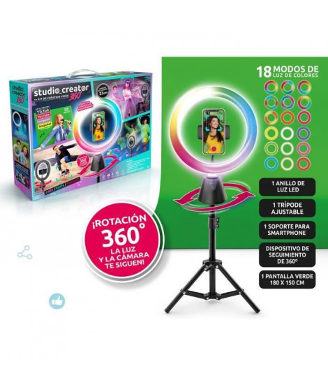 STUDIO CREATOR - Kit de création vidéo avec rotation 360° et anneau lumineux LED multicolore - INF 028 - Canal Toys