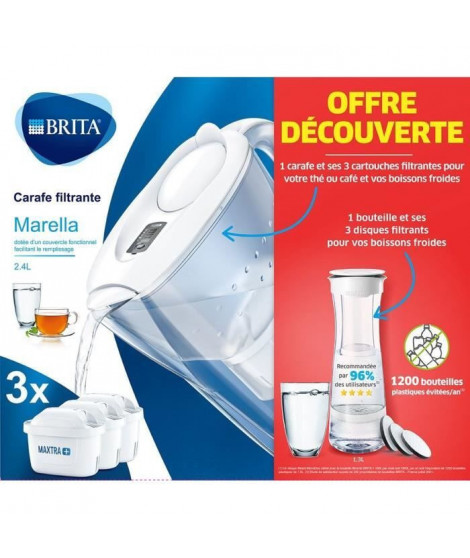 Carafe filtrante BRITA - Marella rouge - inclus 3 filtres MAXTRA+ et 1 bouteille filtrante Blanc Graphite 3 mois