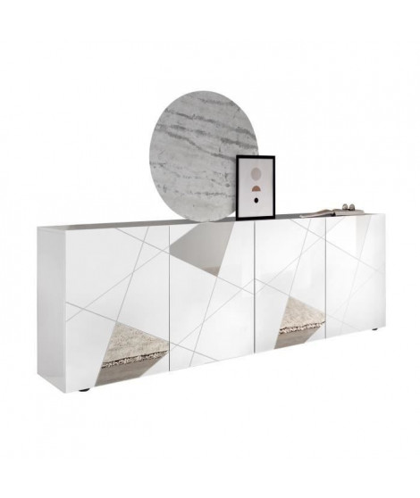 Buffet VICTORY - Décor blanc laqué brillant - 4 portes - L 241 x P 42  xH 84 cm