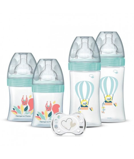 DODIE Lot de 4 biberons naissance Tétine Plate Anti-Colique (2x150mL et 2x270mL), + une sucette naissance