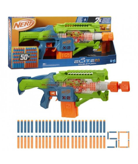 Nerf Elite 2.0, Blaster motorisé Double Punch, canons alternatifs Rapides, 50 fléchettes Nerf Elite, des 8 Ans