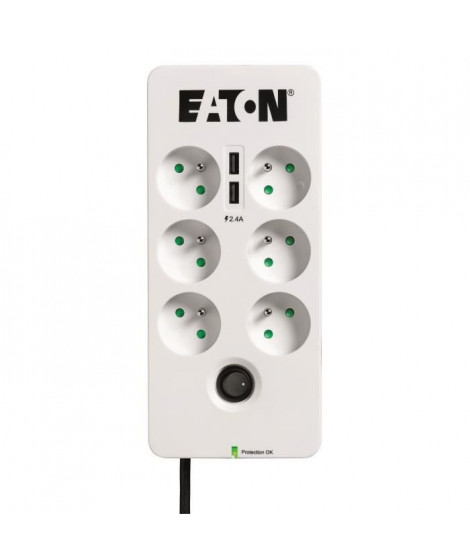 Multiprise/Parafoudre - EATON Protection Box 6 USB FR - PB6UF - 6 prises françaises + 2 ports USB - Blanc & Noir