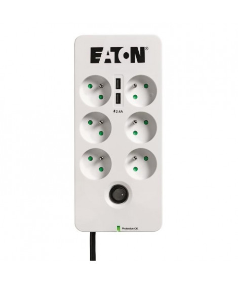Multiprise/Parafoudre - EATON Protection Box 6 Tel@ USB FR - PB6TUF - 6 prises FR + 1 prise tel/RJ + 2 ports USB - Blanc & Noir