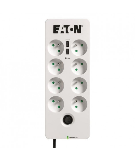 Multiprise/Parafoudre - EATON Protection Box 8 Tel@ USB FR - PB8TUF - 8 prises FR + 1 prise tel/RJ + 2 ports USB - Blanc & Noir