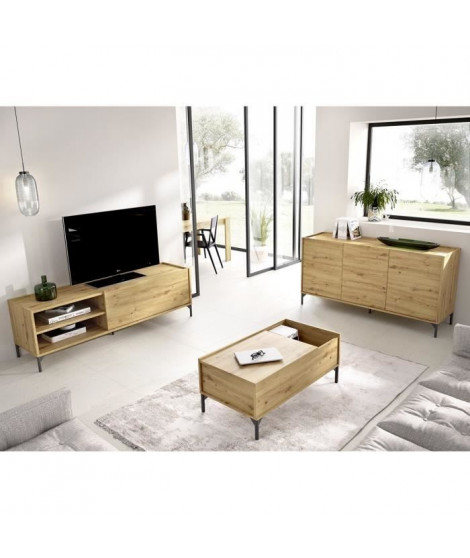 Ensemble salon NESS : Meuble TV 155cm + Buffet 3 portes + Table basse relevable - Chene Artisan