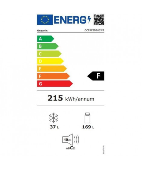 Réfrigérateur congélateur haut - OCEANIC - 206L - Froid statique  - Blanc - L54,5 x H 143 cm