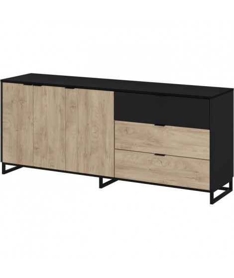 Buffet NEO - Mélaminé chene et noir - 3 portes + 2 tiroirs + 1 niche - L180 x P44 x H75,5 cm