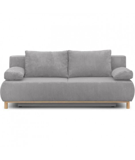 Banquette convertible 3 places MIKA - Velours côtelé gris clair - Coffre de rangement - L 192 x H 84 x P 93 cm