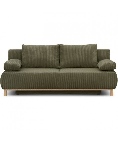 Banquette convertible 3 places MIKA - Velours côtelé vert kaki - Coffre de rangement - L 192 x H 84 x P 93 cm