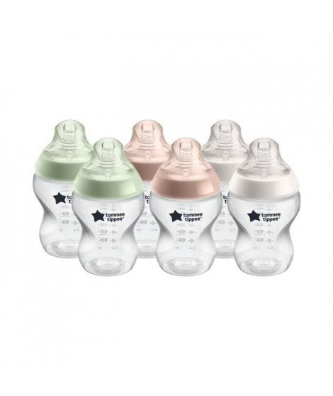 TOMMEE TIPPEE Biberons Closer to Nature, tétine imitant le sein maternel avec valve anti-colique, 260 ml, lot de 6, pastel