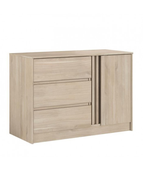 Commode ESCALE - Panneau de particules chene - 1 Porte + 3 tiroirs - L 110 x P 50 x H 77 cm