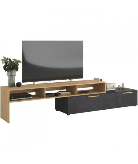 Meuble TV RAW - Décor chene et Steam Black - 1 abattant + 1 tiroir - 4 modulations au choix - L250 x H 50 x P 46.6 cm