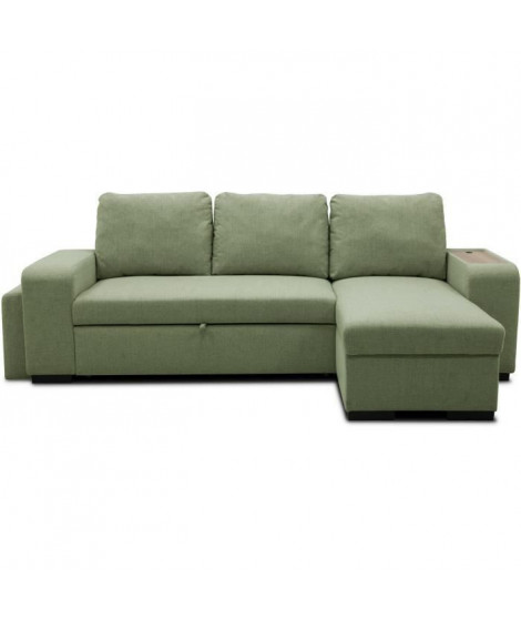 Canapé d'angle convertible réversible VALDO 3 a 4 places - Tissu Vert - Tablette avec USB - Coffre + Pouf - L247xP143xH86 cm