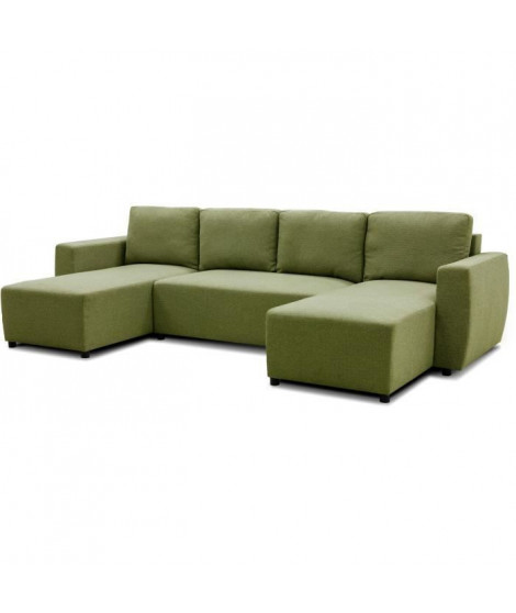 Canapé d'angle convertible panoramique PHARELL 5/6 places - Tissu olive - Coffre de rangement - L297 x P155 x H71/85 cm