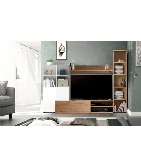 Ensemble Meuble TV LYRA : Vitrine + meuble TV + étagere - Mélaminé blanc et chene - 3 Portes - L240 x P41 x H180 cm