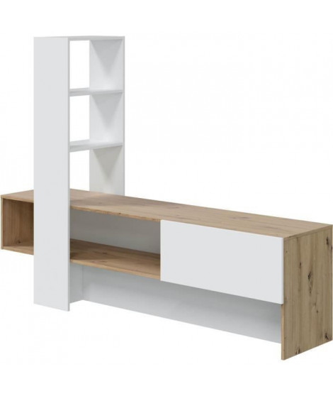 Meuble TV LISS -  Mélaminé blanc et chene - 1 Porte abattante + 1 étagere - L178 x P43 x H136 cm