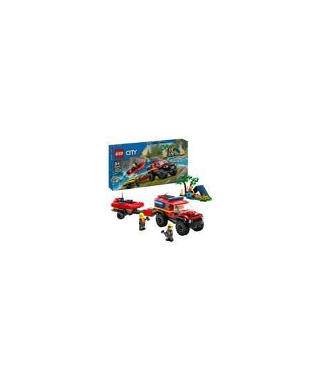 LEGO 60412 City Le Camion de Pompiers 4x4 et le Canot de Sauvetage, Jouet avec Bateau, Remorque et Minifigurines