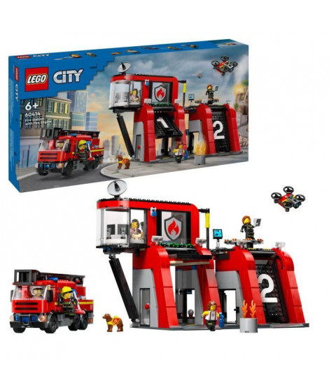 LEGO 60414 City La Caserne et le Camion de Pompiers, Jouet de Figurine de Chien et 5 Minifigurines, Cadeau Enfants