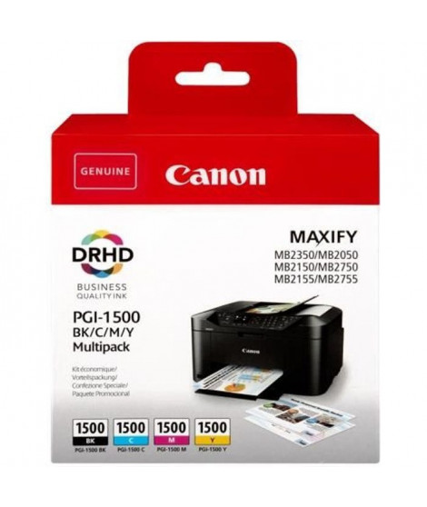 CANON Cartouches d'encre Multipack - PGI-1500 BK/C/M/Y - Pack de 4 - Noir, Jaune, Cyan, Magenta