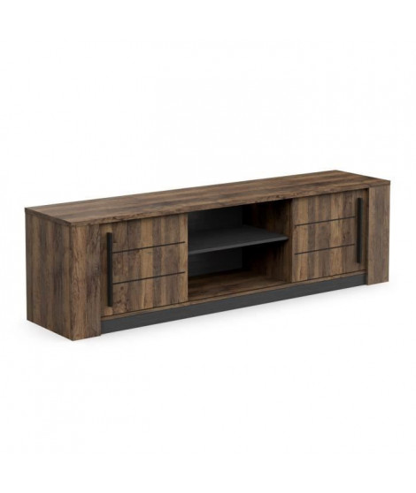 Meuble TV MONACO - 2 portes coulissantes + 3 étageres - Décor bois oak et noir - L184.5 x P42.3 x H51.8 cm - DEMEYERE