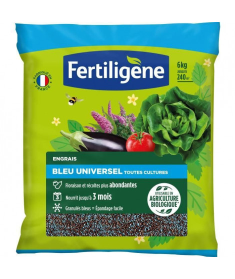 FERTILIGENE FBLEUBIO6 - Engrais Bleu Universel 6 kg - Floraison et récoltes abondantes - Nourrit jusqu'a 3 mois - Pour 240m²