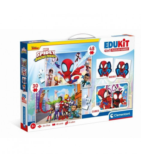 Clementoni - Edukit - Coffret Spidey 4 en 1 -  Un puzzle de 30 et de 48 pieces, un mémo et six cubes - Dés 4 ans