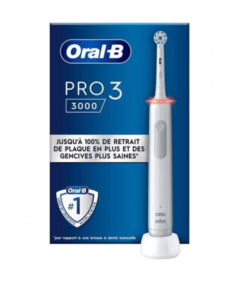 Brosse a Dents Électrique Oral-B Pro 3 3000 Blanche - 2 Brossettes - Tete Ronde - 3 Modes de Brossage