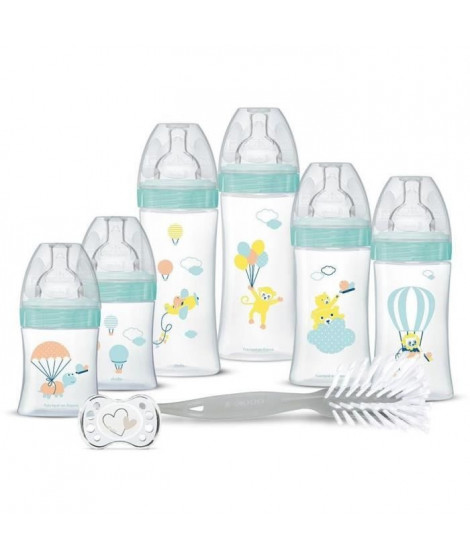 Dodie Kit Naissance - 6 Biberons Anti-Colique Tétines Plates, 1 Sucette Anatomique 0-2 Mois, 1 Goupillon - Sans BPA - Rose