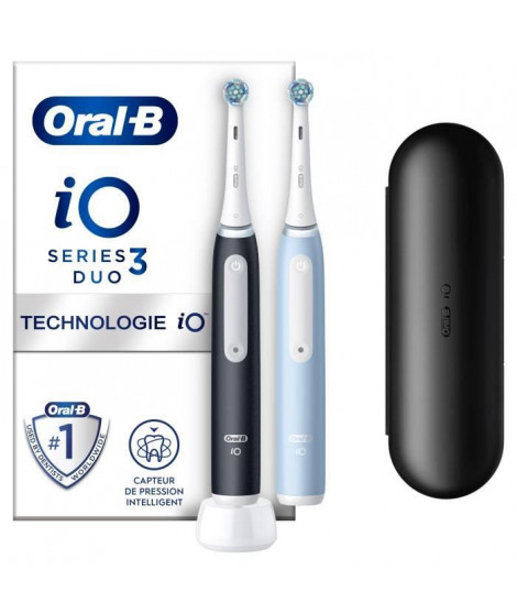 Oral-B iO 3 Lot De 2, Brosses a Dents Électriques Noire et Bleue, 2 Brossettes, 1 Étui De Voyage