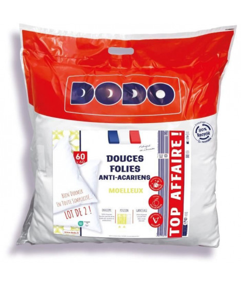 DODO Lot de 2 oreillers 60x60 cm - Douces Folies - Moelleux - Anti-acariens - 100% Polyester