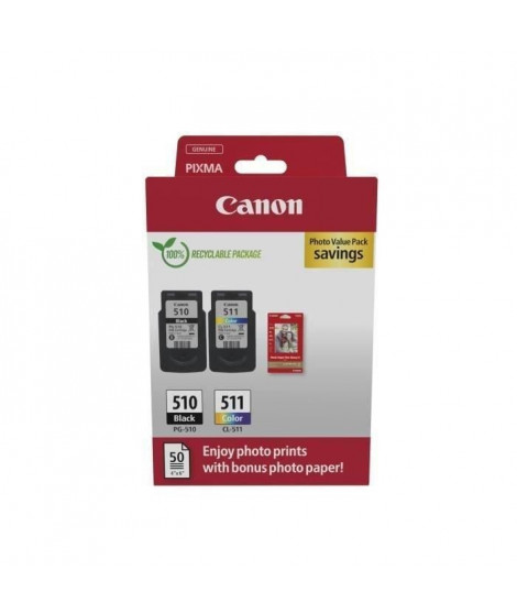 Pack de 2 cartouches d'encre + pack papiers photo - CANON - PG-510 Noir + CL-511 Couleur