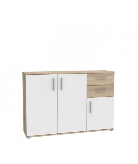 Meuble de rangement  IKOLI - 3 portes, 2 tiroirs - Décor chene Sonoma et blanc - L119,6 x P31,4 x H81,7 cm - Poignées en plas…