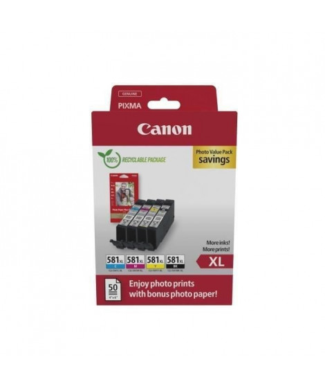 Multipack cartouches d'encre + pack papiers photo - CANON - CLI-581XL Noir/Cyan/Magenta/Jaune - Haut rendement