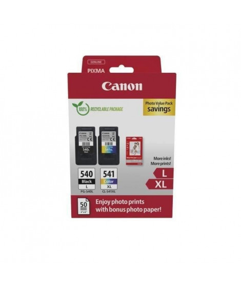 Pack de 2 cartouches d'encre + pack papiers photo - CANON - PG-540L Noir + CL-541XL Couleur - Haut rendement