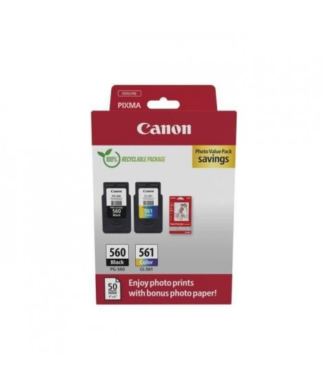 Pack de 2 cartouches d'encre + pack papiers photo - CANON - PG-560 Noir + CL-561 Couleur