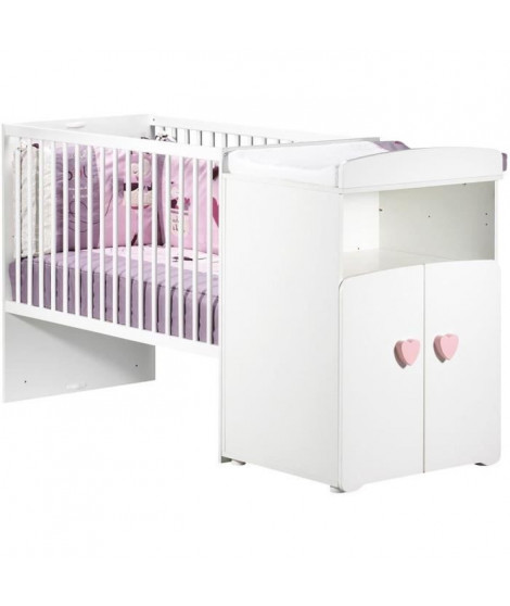 Lit bébé combiné évolutif - BABY PRICE - Basic - Blanc - Bouton coeur rose -60 x 120 cm