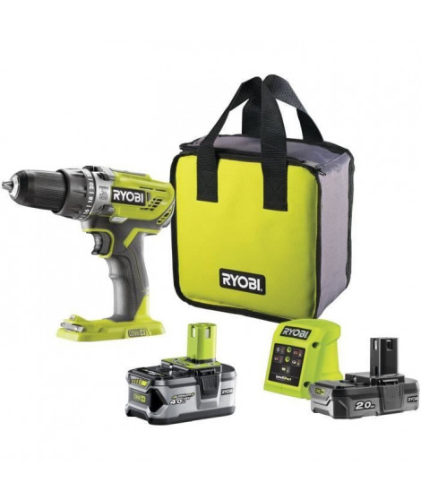 RYOBI - Perceuse-visseuse a percussion 18V ONE+ 50 Nm + 2 batteries 4 & 2 Ah, chargeur - Livrée en sac de transport - R18PD3-…