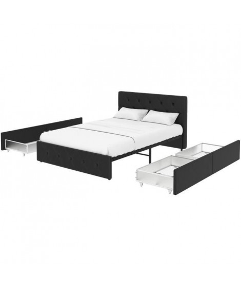 Lit adulte DAVID 140 x 190 cm - 4 tiroirs - Sommier inclus - Simili noir